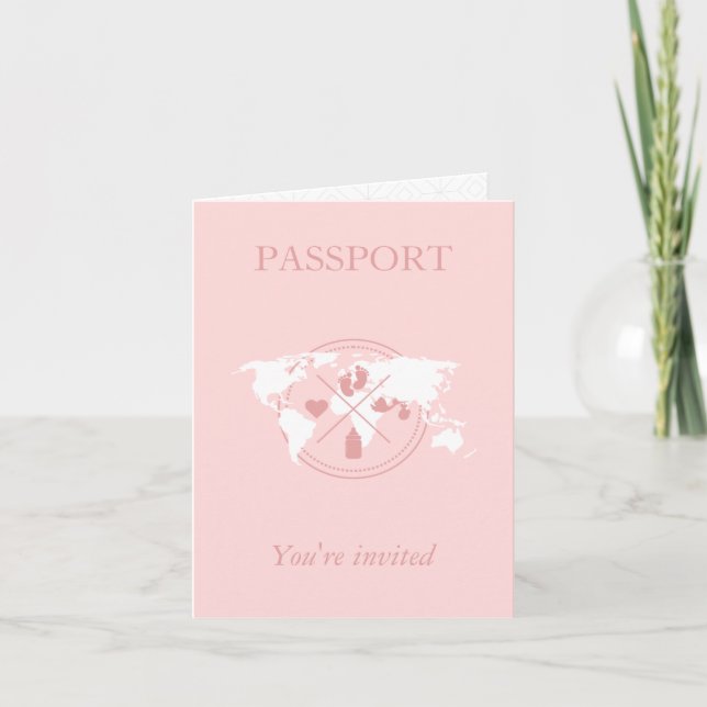 Pink Passport Travel Girl Baby Shower World Map Invitation (Front)