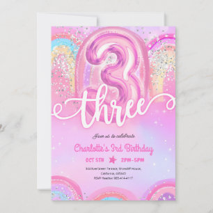 Pink Pastel Balloons 3rd Birthday Invitation