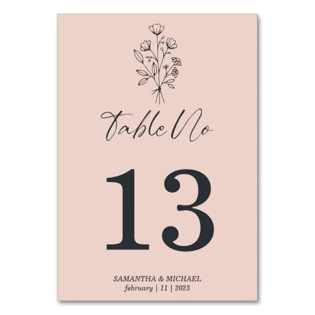 Pink Pastel Boho Botanical Signature Floral Table Number (Front)