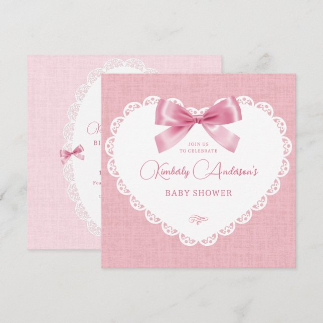 Pink pastel bow aesthetic baby shower invitation (Front/Back)