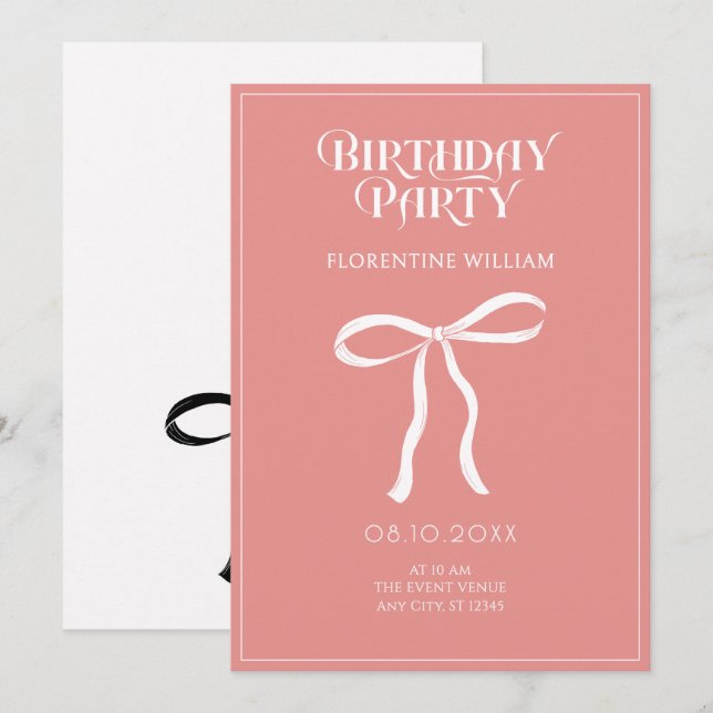 Pink pastel bow ribbon birthday invitation (Front/Back)