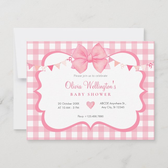 Pink pastel bow tartan Baby shower Invitation (Front)