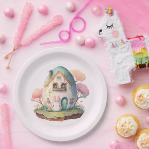 Pink Pastel Bunny Rabbit & House Paper Plate