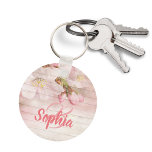 Pink pastel cherry florals monogram key ring<br><div class="desc">Soft,  pale and delicate Cherry blossoms,  large flowers on a rustic pink wooden wall.  Template for Your monogram and name,  pink letters. Feminine and elegant.</div>