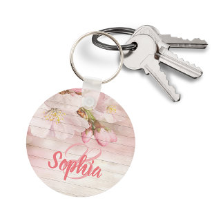 Pink pastel cherry florals monogram key ring