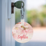 Pink pastel cherry florals monogram  key ring<br><div class="desc">Soft,  pale and delicate Cherry blossoms,  large flowers on a rustic pink wooden wall.  Template for Your monogram and name,  pink letters. Feminine and elegant.</div>