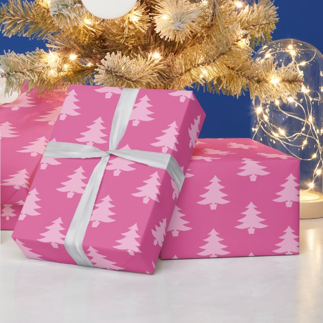Pink Pastel Christmas Trees Pattern  Wrapping Paper (Holidays)