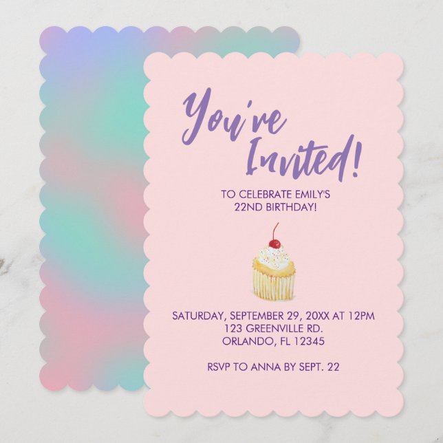 Pink Pastel Cupcake Birthday Invitation (Front/Back)