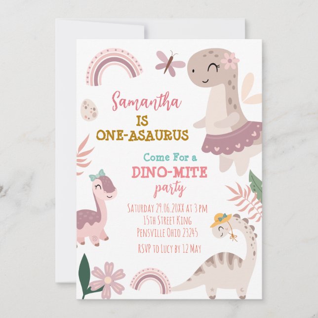Pink Pastel Cute Dino First Birthday Party  Invitation (Front)