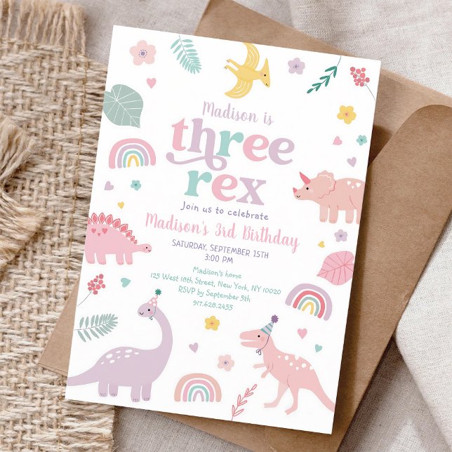 Pink Pastel Dinosaur Third Birthday Invitation (Creator Uploaded)