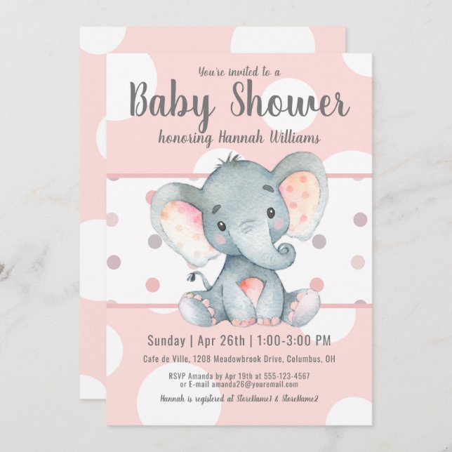 Pink Pastel Dots Cute Elephant Baby Shower Invitation (Front/Back)