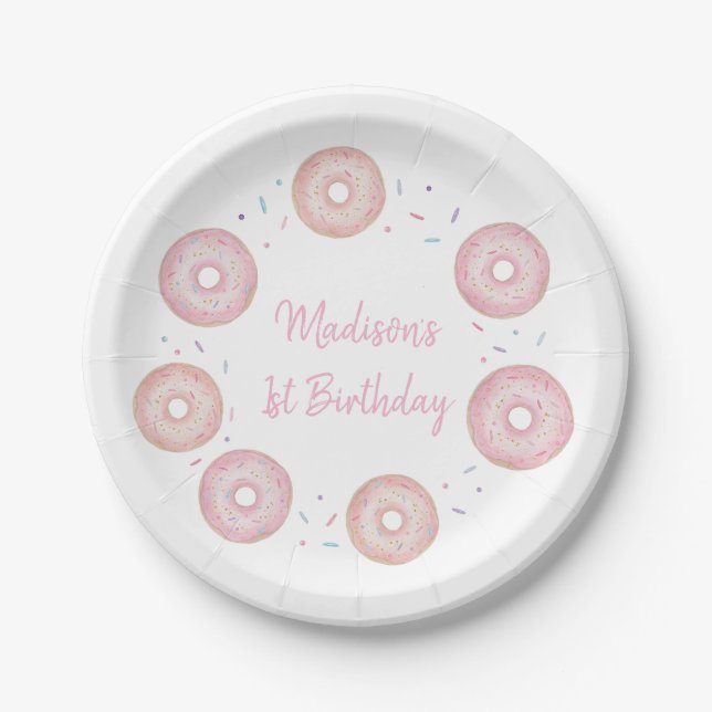 Pink Pastel Doughnut Birthday Paper Plate (Front)