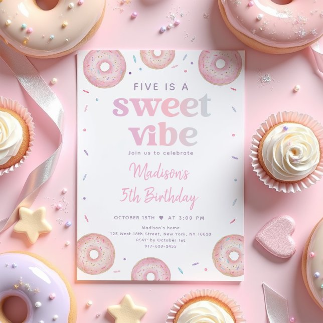 Pink Pastel Doughnut Five is a Sweet Vibe Birthday Invitation (Creator Uploaded)