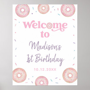 Pink Pastel Doughnut Sweet One Birthday Welcome Poster