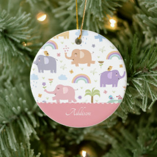 Pink Pastel Elephant Pattern Little Girl Christmas Ceramic Tree Decoration
