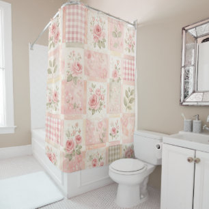 Pink Pastel Floral & Gingham Quilt Patchwork Shower Curtain