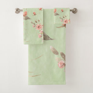 Pink Pastel Flowers On Soft Sage Green Background  Bath Towel Set