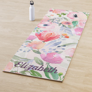 Pink pastel flowers watercolored with name yoga mat