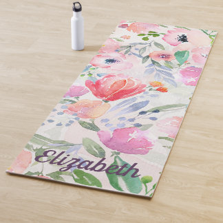 Pink pastel flowers watercolored with name yoga mat