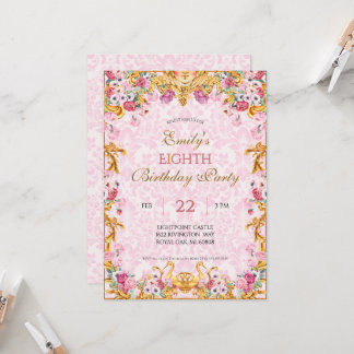 Pink Pastel Gold Eighth Baroque Rococo Birthday Invitation