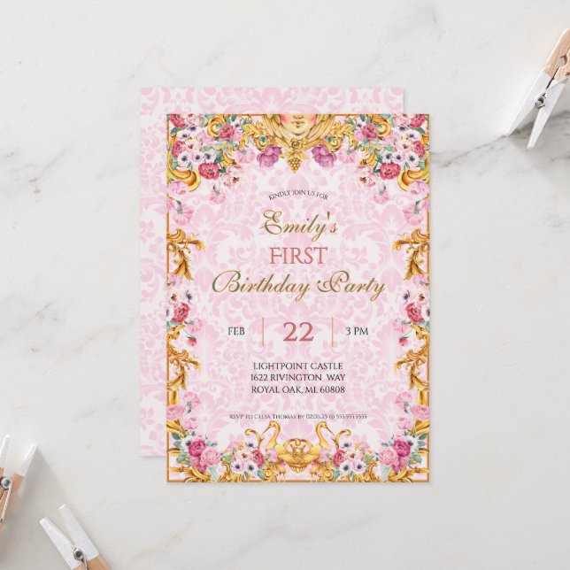 Pink Pastel Gold First Baroque Rococo Birthday Invitation (Front/Back In Situ)