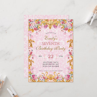 Pink Pastel Gold Seventh Baroque Rococo Birthday Invitation
