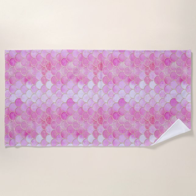 Pink Pastel & Gold Shimmer Mermaid Scale Pattern Beach Towel (Front)