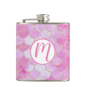 Pink Pastel & Gold Shimmer Mermaid Scale Pattern Hip Flask