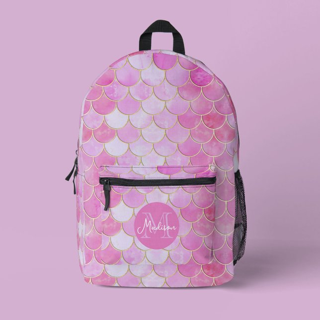 Pink Pastel & Gold Shimmer Mermaid Scale Pattern Printed Backpack (Pink Mermaid Scale Pattern Backpack with Monogram)