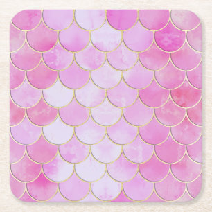 Pink Pastel & Gold Shimmer Mermaid Scale Pattern Square Paper Coaster