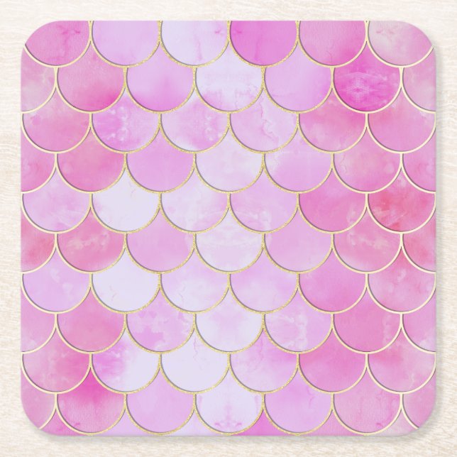 Pink Pastel & Gold Shimmer Mermaid Scale Pattern Square Paper Coaster (Front)