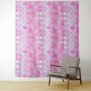 Pink Pastel & Gold Shimmer Mermaid Scale Pattern Tapestry