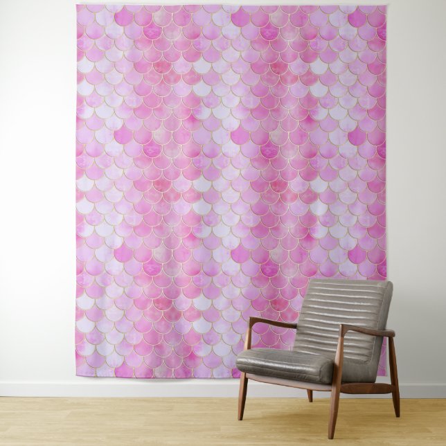 Pink Pastel & Gold Shimmer Mermaid Scale Pattern Tapestry (In Situ)