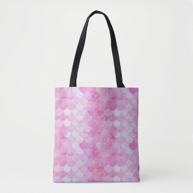 Pink Pastel & Gold Shimmer Mermaid Scale Pattern Tote Bag (Front)