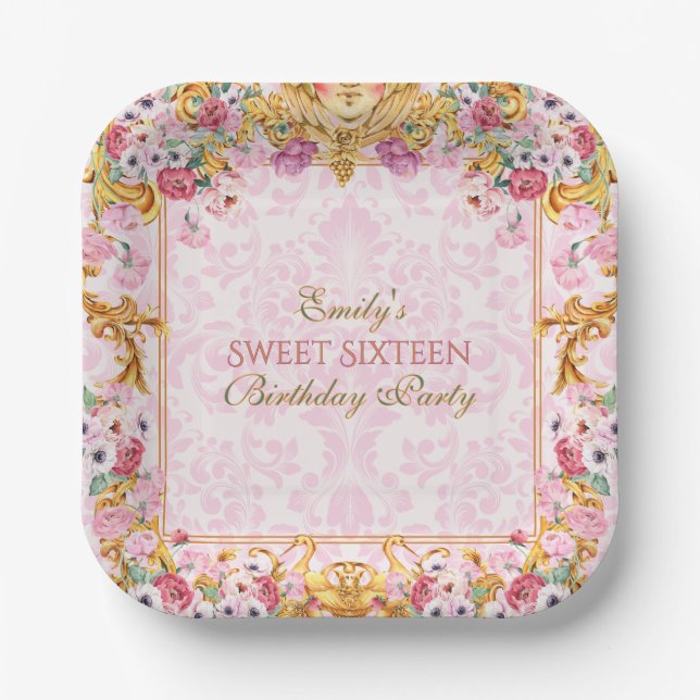 Pink Pastel Gold Sweet 16 Baroque Rococo Birthday Paper Plate (Front)