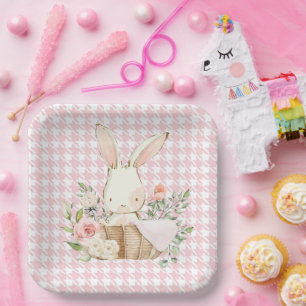 Pink Pastel Houndstooth  Bunny Rabbit Paper Plate