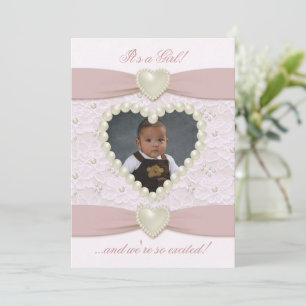 Pink Pastel Lace Pearl Baby Photo Announcement