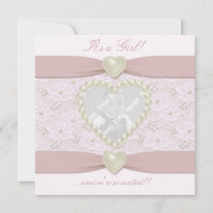 Pink Pastel Lace Pearl Baby Photo Announcement