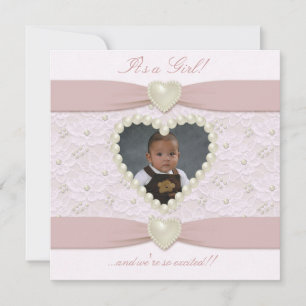 Pink Pastel Lace Pearl Baby Photo Announcement