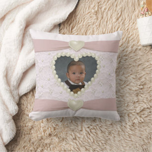 Pink Pastel Lace Pearl Baby Photo Throw Pillow