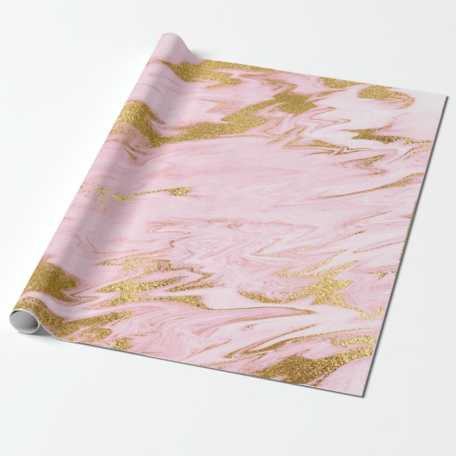 Pink Pastel Marble Shiny Golden Brushes Wrapping Paper (Unrolled)