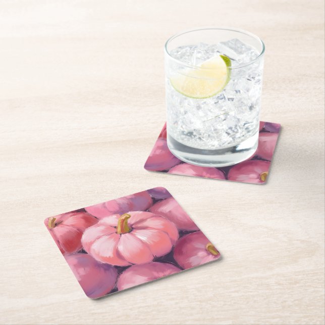 Pink Pastel Pumpkins Halloween Square Paper Coaster (Insitu)
