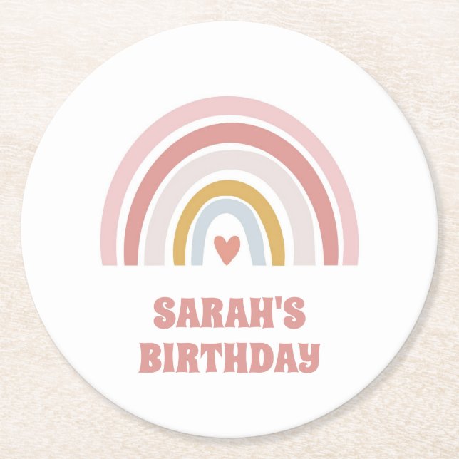 pink pastel rainbow custom birthday  round paper coaster (Front)