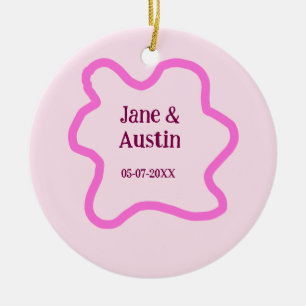 Pink pastel retro wedding border frame name date ceramic tree decoration