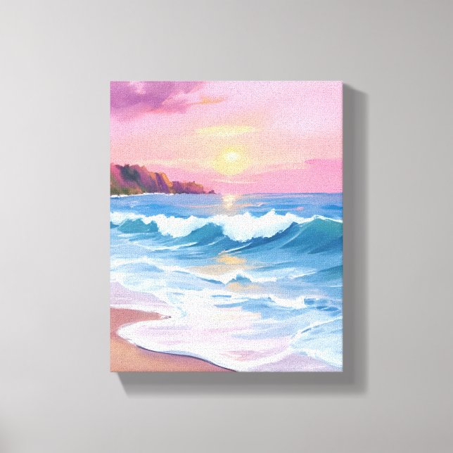 Pink Pastel Skies | Ocean Watercolor Beach Waves Canvas Print (Front)