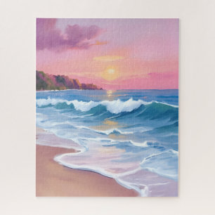 Pink Pastel Skies   Ocean Watercolor Beach Waves Jigsaw Puzzle