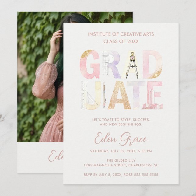 Pink Pastel Soft Dreamy Architect Graduation Invitation (Front/Back)