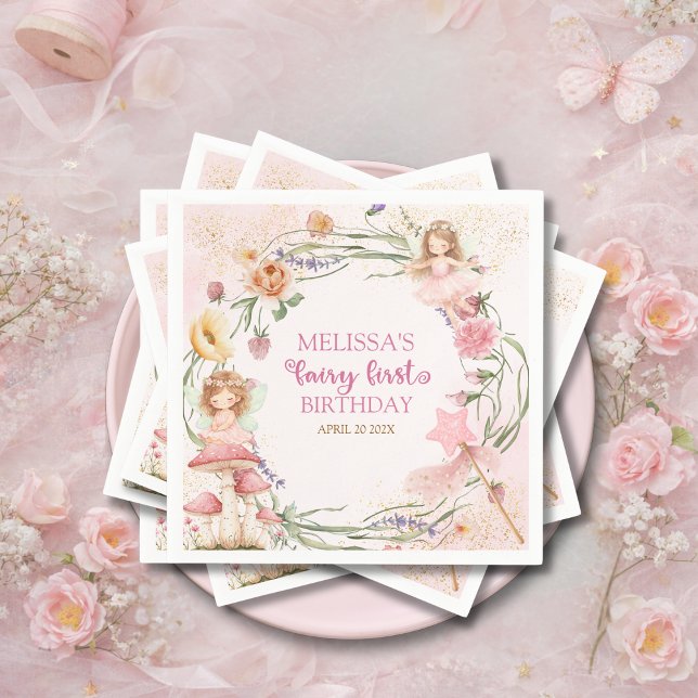 Pink Pastel Spring Garden Fairy First Birthday   Napkin (Creator Uploaded)