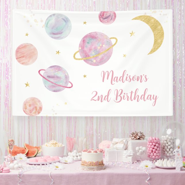 Pink Pastel Two the Moon Space Birthday Banner (Party)