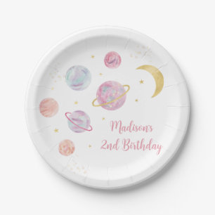 Pink Pastel Two the Moon Space Birthday Paper Plate